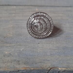 Silver Tone Circular Swirl Pattern Crystal Stone Fashion Statement Cocktail Ring